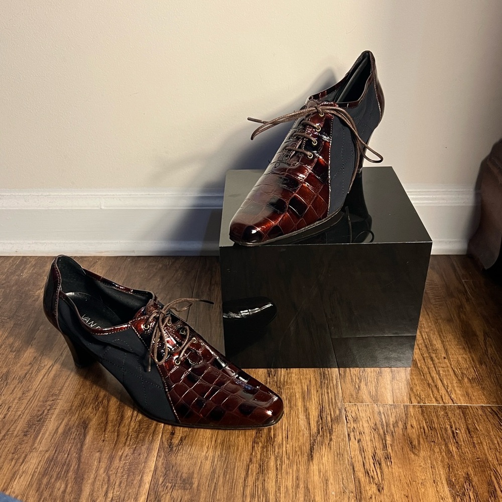Vaneli Black and Brown Croc-Embossed Lace-Up Heels